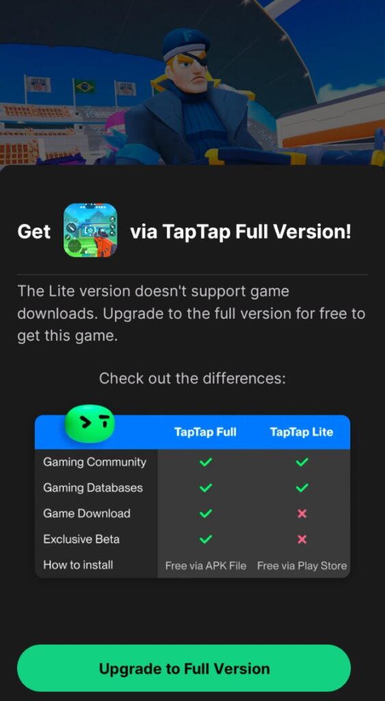 Clicking on taptap icon shows a popup to download the full version of taptap to download game
